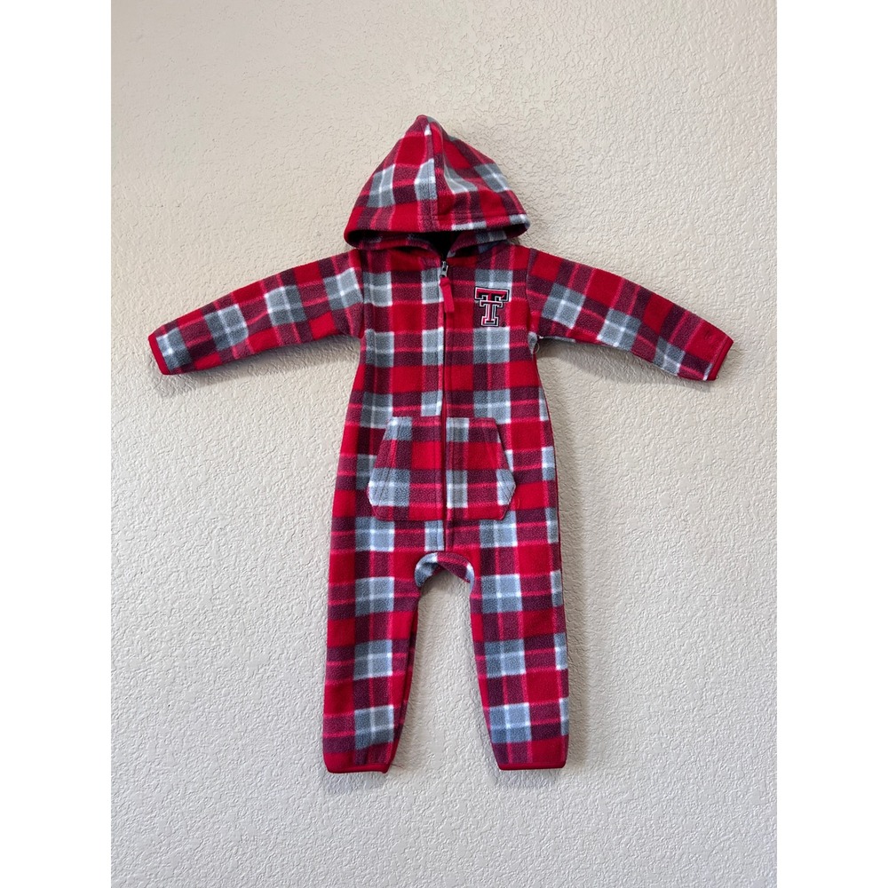 Colosseum 3-6M Texas Tech Red Raiders Plaid Fleece Hooded Union Suit Red